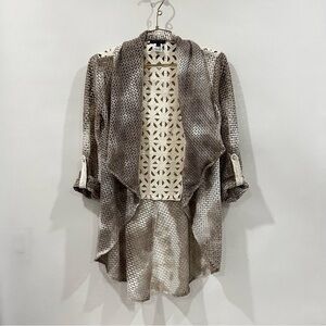 Makali Waterfall Lattice Lace Open Front Cardigan Size Small Beige Tan